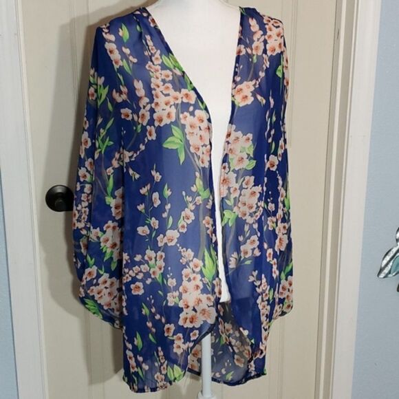 Olrain, Navy Cherry Blossom Sheer Kimono- Size Medium - Picture 3 of 7